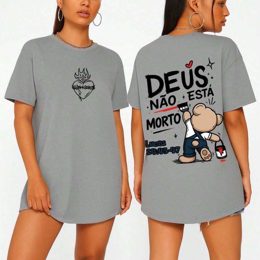 Camiseta Feminina Deus Não Está Morto Estampada Evangélica Católica Lançamento Tecido Algodão Unissex Manga Curta - Cinza - Visão 1