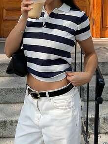 Áo dệt kim cổ bẻ kẻ sọc kiểu Y2K dành cho nữ, áo sơ mi thường ngày phù hợp cho công sở, kỳ nghỉ và các hoạt động thường nhật. - Xanh và trắng - Xem 2