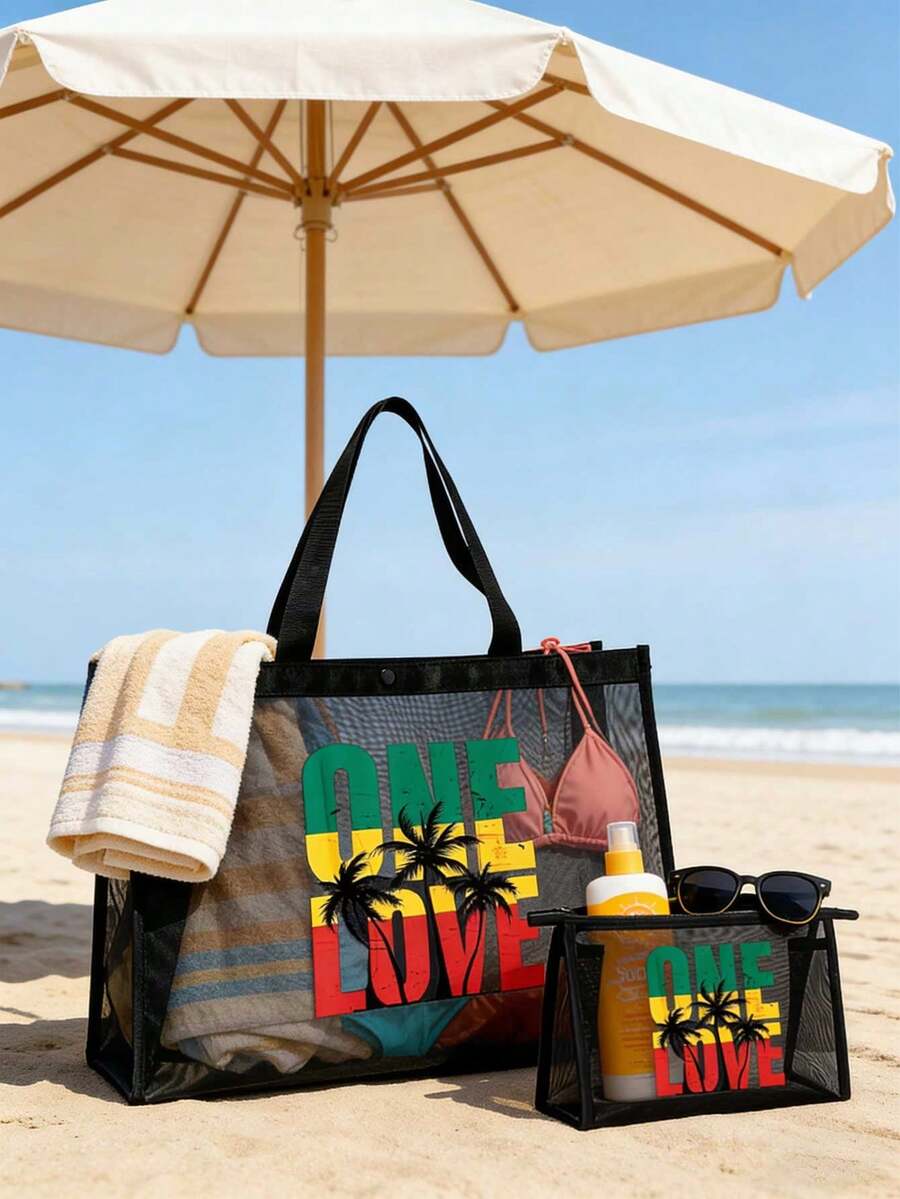 大容量网袋套装，热带棕榈树和“One Love”字母图案印花网袋，镂空网袋沙滩包手提袋，洗漱包，化妆包，网袋化妆品收纳袋，可折叠大容量防水防沙游泳沙滩包，网袋沙滩手提袋 - 彩色 - 查看 1