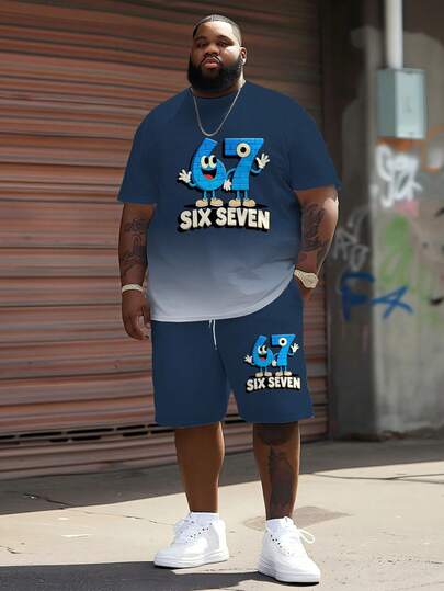 男士街头时尚休闲卡通趣味系列“67号火柴人”图案设计运动服套装 - 涤纶针织面料，圆领设计，带抽绳短裤，口袋细节，常规版型，适合大码身材