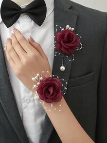 1pc/2pcs/6pcs Premium Burgundy Rose With Small Beads Metal Alloy Elegant Corsage And Pearl Chain Wrist Flower, Suitable For Groom, Bride, Groomsman, Bridesmaid - Burgundy - View 9