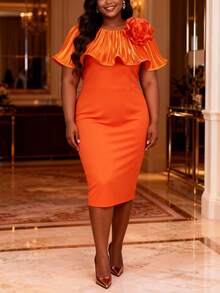 Plus Size Fitted Knee-Length Dress In Burnt Orange, Featuring Draped 3D Rose Floral Details, Sleeveless Round Neck, Medium Stretch Knit Fabric, New Year Edition