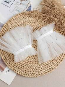 1 Pair Women's Sheer Mesh Socks With Blue & Silver Polka Dots, Layered Ruffles, Pearls & Rhinestones Decor, Elegant & Romantic For Daily, Date, Party, Street Style - Multicolor - View 3