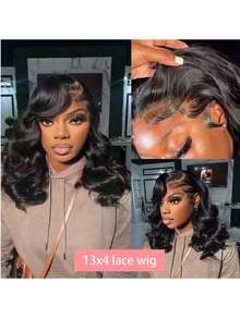 Blended Hair Is Made From Human Hair Mixed With Synthetic Fibers And Protein Filaments Short Body Wave Wig Glueless Short Wavy Bob Wigs 13x4 Frontal Lace Side Part Loose Wave Wigs For Women Shoulder Length Curly Synthetic Wig Lace Part Hair 180% Density - Natural & Black - View 6