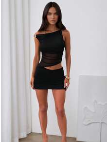 Meidaxexr Women's Mesh Splice Metal Decor Asymmetric Mini Dress, Solid Color, Elegant Party Dress, Casual Cute Sexy Knit Fabric With Ruffle Hem, Suitable For Beach, Holiday, Birthday Party, Date, Back To School Party, Singles Party, Travel, Spring/Summer Black - Black - View 5