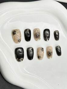 10pcs Handmade Short Press-On Nails, Y2K Style, Premium Red Cat Eye, Hand-Painted 3D Golden Flowers, Multi-Diamond Stacked, Chrome, Red, Navy Blue, Black Nails, 3 Color Options, Press-On Christmas Nails, Oval Pointed Nails, Suitable For Daily Wear For Girls, Also Great For Holiday Gifts Like Valentine's Day, New Year, Christmas, False Nails - Black - View 3