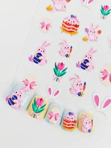 1 Easter Themed Children's Nail Sticker, Cartoon Rabbit Easter Egg Bow 3D Nail Sticker, Girl Easter Party Decoration Nail DIY Toy Baby Holiday Gift Easy To Stick And Tear Easter Children's Fun Nail Decoration Sticker Suitable For Girls Aged 3-12 Years Old Easter Elemental Nail Sticker - Multicolor - View 6