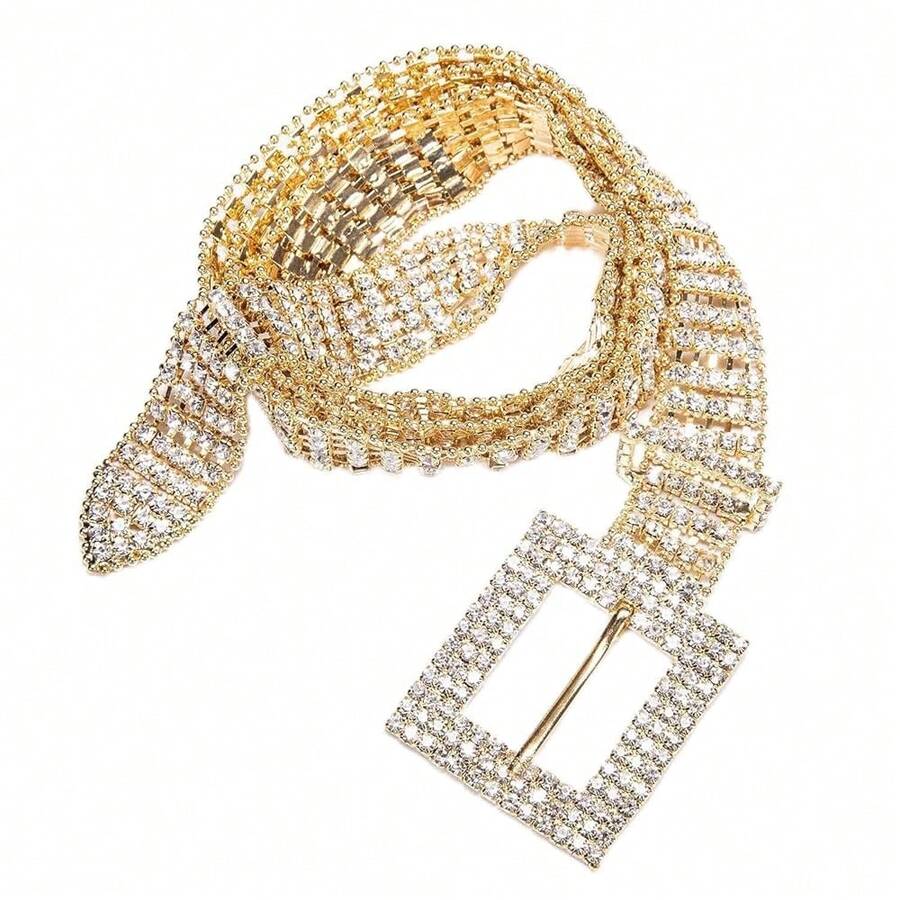 Barry.Wang Rhinestone Belts For Women Silver Gold Bling Belt Diamond Crystal Studded For Jeans Dress Bridesmaid Bridal Ladies - 金色水鑽性感腰帶+贈品 - 查看 1