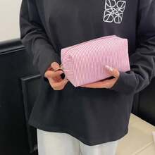 大容量拉链化妆包，泡泡雪纺刺绣条纹洗漱包，旅行化妆品收纳包，沙滩必备，女士美容学习用品 - 彩色 - 查看 10