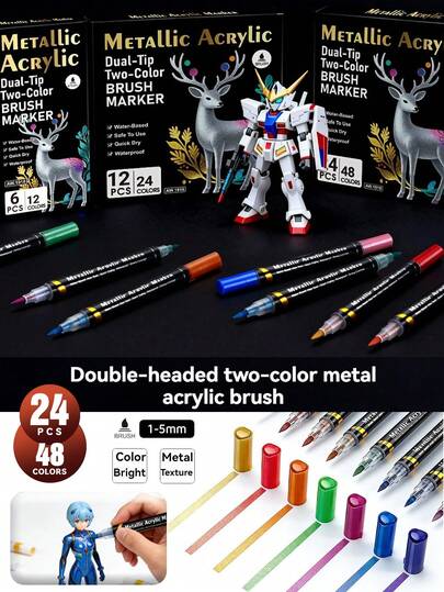 Dual-Tip Dual-Color Metal Acrylic Marker Pen Set, For Figurines, Model Mechas, Rich Colors, High Metallic Luster, Saturated, Smooth Flow, Strong Coverage, One Stroke Dual-Color Filling And Outlining, Continuously Inspiring Creativity, Suitable For Art, Painting, Journaling, Signature, DIY And More