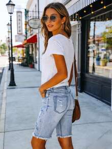 Women's New Ripped Denim Bermuda Shorts Casual Summer - Light Wash - View 4