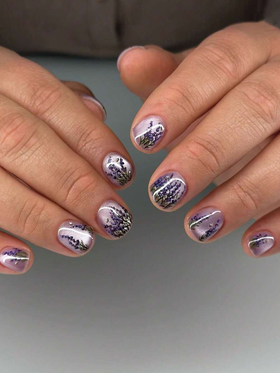 24pcs Cute Square Press On Fake Nails Purple Short Nail Purple Lavender Acrylic French Fake Nails Women Coffin Nails - Multicolor - View 1