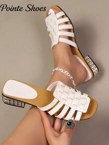 Women's Vibrant Orange Woven Cage Slide Sandals, Criss-Cross Woven Hollow Out, Rhinestone Embellished Block Heel Low Heel Flat, Boho Chic Festival Glam, Suitable For Valentine's Day, Summer Holiday, Beach Party, Date Night - White - View 2