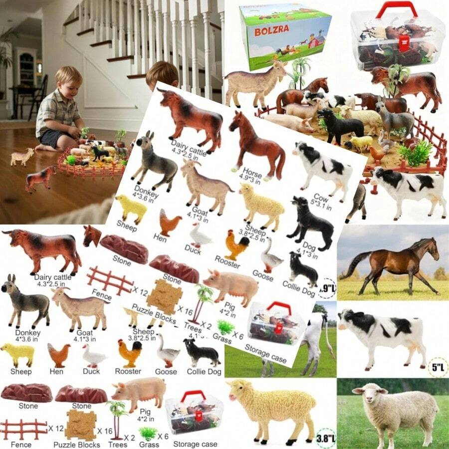 BOLZRA Farm Animal Figurines Realistic Plastic Animals Toys With Fences Building Blocks Farm Figures Playset Educational Christmas Birthday Gift For And Toddlers 53 PCSFull Of Fun - FarmAnimalsPlayset - View 1