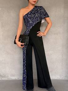 Valentine Outfits For Women Valentine's Day Shimmering Fabric Elegant Party Holiday Outfit Off-Shoulder Asymmetric Hem Jumpsuit - Black - View 3