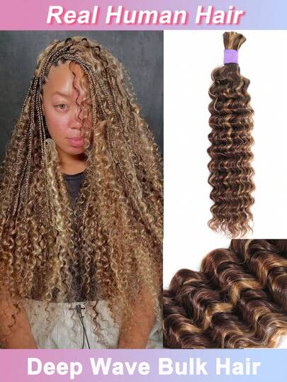 Highlight Human Braiding Hair For Boho Braids Deep Wave 4/27 Bulk Human Hair For Braiding No Weft Wet And Wavy Curly Human Hair Extensions 1 Bundles/Pack 90g