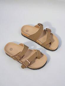 Un par de sandalias para niñas, con acabado mate en color caqui, tiras cruzadas y suela de madera blanda. Estas sandalias de punta abierta y tacón plano son cómodas, transpirables y ofrecen un aspecto minimalista y casual, lo que las hace perfectas para el uso diario en verano (color de la suela/plantilla aleatorio) - Granate - Ver 9