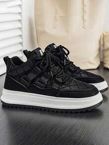 European Station Men's Shoes, Thick Sole Mid-Top Casual Sneakers, Versatile Luxury Leather Skate Shoes - Black - View 3