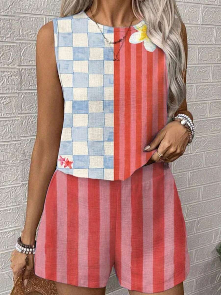 2PCS Women's Red White Blue Checkered Sleeveless Top & Striped Shorts - 紅色 - 查看 1