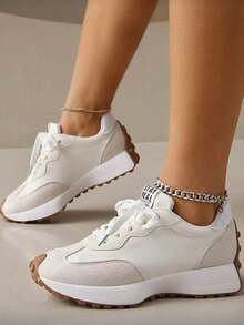 女士圆头系带厚底学生休闲舒适跑步运动鞋 - 白色 - 查看 6