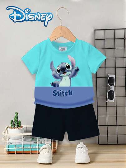 Disney Summer Baby Boy Newborn Star Baby Cute Short Sleeve T-Shirt And Shorts Set With Stitch Cheering Cartoon Pattern, Stretchy, Suitable For Newborn Infants Daily Wear, Great Gift