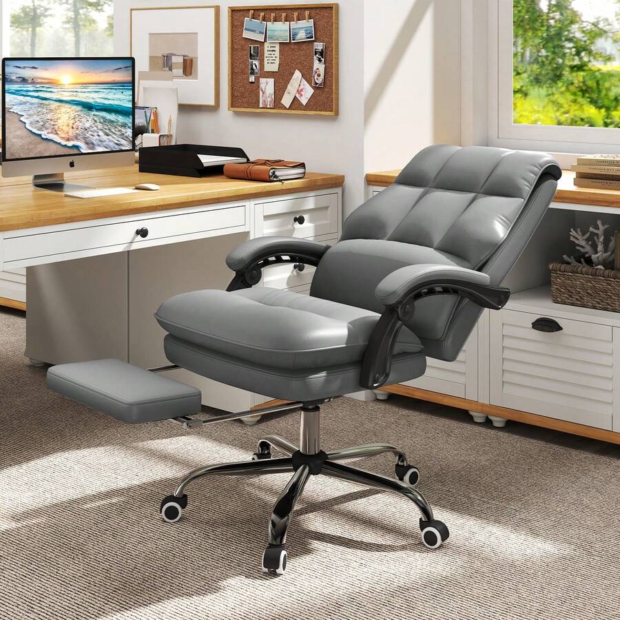 COSTWAY Ergonomic Office Chair, PU Leather Computer Chair With Adjustable Swivel Seat, Reclining Backrest, Linkage Armrests & Retractable Footrest, Executive Task Chair, Grey - Grey - View 1