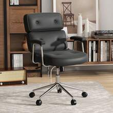 COSTWAY Office Chair, PU Leather Upholstered Desk Chair With Button Tufted Back & Padded Armrests, Height Adjustable Swivel Chair With Rocking Function & Rolling Wheels For Home Office, Black - Black - View 6