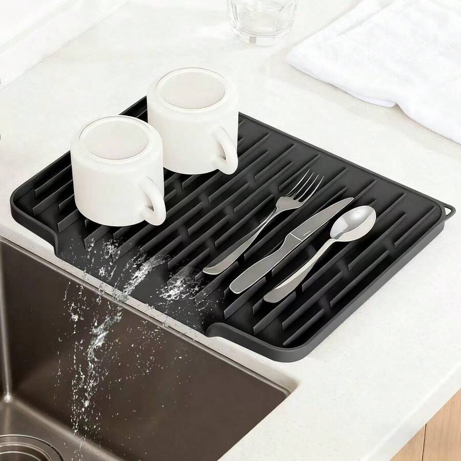 Silicone Kitchen Countertop Dish Drying Mat With Water Collection Tray Non-Slip Pad,Large Rubber Dish Drain Mat Dish Rack Mat - màu đen - Xem 1