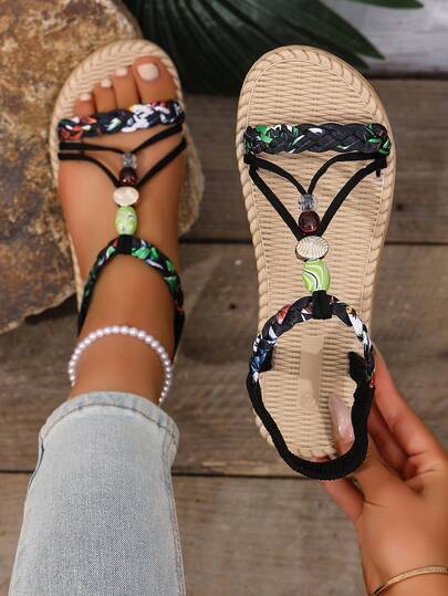 Women's Summer New Bohemian Style Elastic Band Flat Sandals With Water Drop Pendant Decor, Casual Commuting Comfortable Holiday Shoes