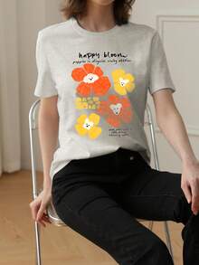 1件女士休闲宽松T恤，2026春夏新款，花卉和小狗图案设计，甜美学院风，百搭圆领上衣 - 淺花灰 - 查看 3