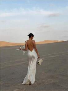 2026 Spring And Autumn Women's Dress Celebrity Pure Desire White Satin Halter Party Dress - trắng - Xem 2