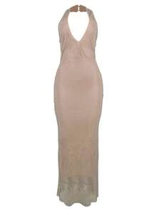 Deep V-Neck Bodycon Dress, High Waist Shiny Party Clubwear, Sexy Slit Fitted Dress For Women, Summer - Gold - View 6