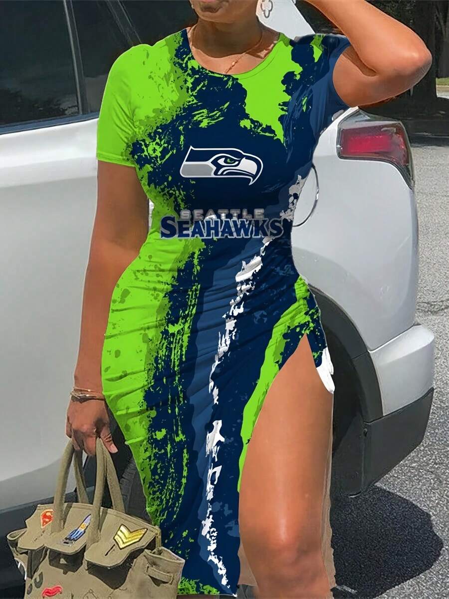 Sea-Ttle Seahawks Womens Slit Bodycon Dress, Football Team Womens Dress , Game Day Fans Dress - 彩色 - 查看 1