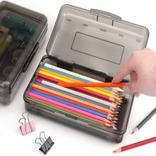 1pc Large Capacity Plastic Pencil Box, Transparent With Lid, Stackable Design, Fashionable Office Supply Storage Box - Black - View 1