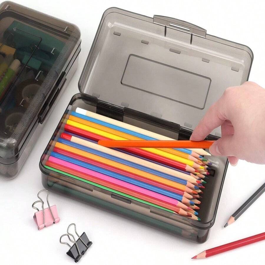 1pc Large Capacity Plastic Pencil Box, Transparent With Lid, Stackable Design, Fashionable Office Supply Storage Box - Black - View 1