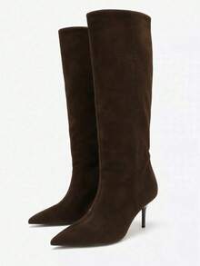 New Autumn Women's Suede Pointed Toe High Heel Tall Boots - Coffee Brown - View 1
