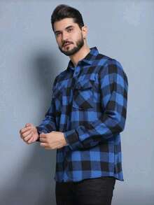 Men's Long-Sleeved Plaid Flannel Dress Shirt, Regular Fit, Buttons Down The Front, With Pocket. - Màu xanh lam - Xem 4