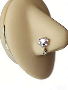 1件甜美闪耀风格不锈钢粉色AAA+立方氧化锆心形吊坠鼻钉，适合女性日常佩戴及情人节派对 - 銀色 - 查看 4