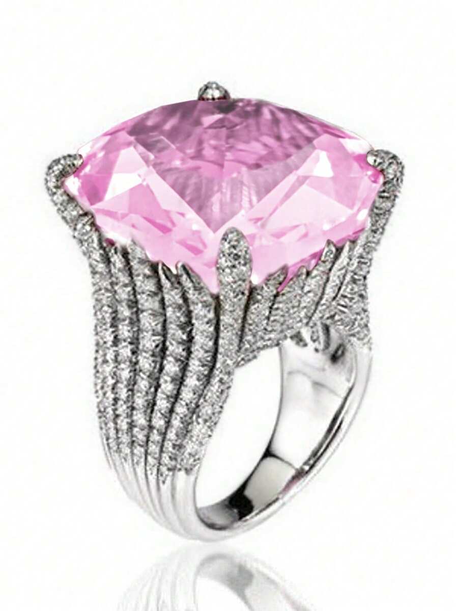 1 chiếc nhẫn đá Cubic Zirconia thời trang dành cho nữ, thích hợp làm quà tặng đám cưới, lễ đính hôn, dự tiệc hoặc quà tặng ngày Valentine. - Hồng - Xem 1