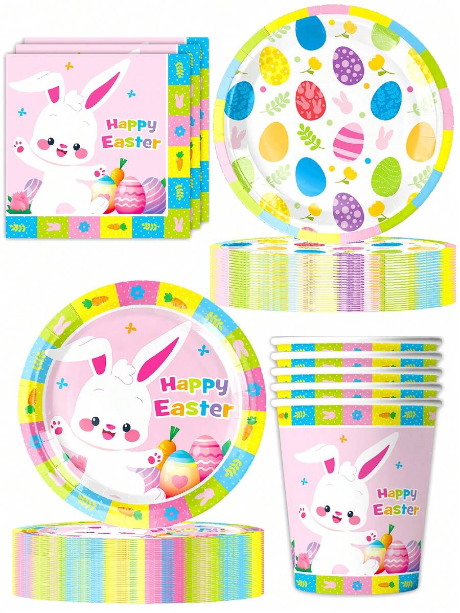 10pcs Easter Themed Party Supplies Set, Including Plates, Cups, Napkins With Rabbit And Easter Egg Patterns, Easter Essentials, Perfect For Outdoor Camping And Travel - Multicolor - View 1