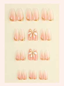 24片中号杏仁形亚克力美甲贴片，渐变色，饰以金色花朵，简约Y2K风格，表面光滑，全覆盖，适合女性和女孩日常佩戴。 - 彩色 - 查看 2