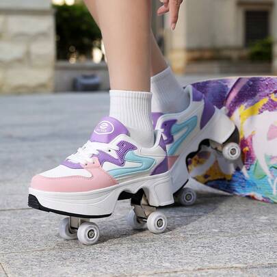 1 Pair Unisex Roller Skates For Teens & Students, 4-Wheel Invisible Retractable Wheels, Transformable Lace-Up, Braking Function, Suitable For Skating And Walking, Gift For Youth