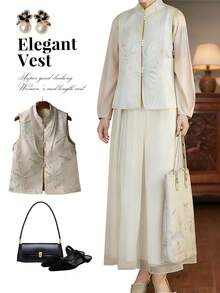 New 2026 Spring/Summer Floral And Bird Pattern Vest Top, Modern Chinese Style Stand-Up Collar Tang Suit Vest, Sleeveless Jacket Top For Women, Front Button Closure, Side Slits, Asian Sizing, Non-Stretch Fabric, Suitable For Everyday/Holiday/Vacation/Casual/Resort Vest Wear. - 淺綠色 - 查看 5