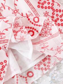 夏季女童甜美时尚花卉印花蕾丝边衬衫 - 紅色 - 查看 8