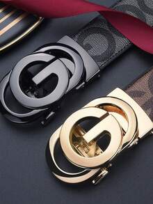 男士时尚百搭字母金色自动扣皮带 - 黑色仿皮，压纹设计，皮革质感，商务或休闲场合的完美节日礼物 - 彩色 - 查看 9