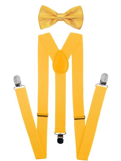 1pc Solid Color Men's Suspender Clip + 3-Piece Vintage British Style Bow Tie Non-Slip Trouser Braces