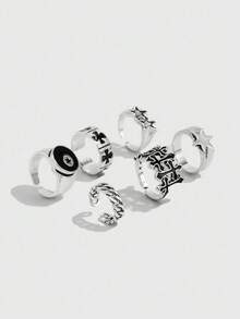 6件套欧美风格独立荆棘、心形、星形、十字戒指套装，简约五角星戒指，男女通用饰品 - 銀色 - 查看 2