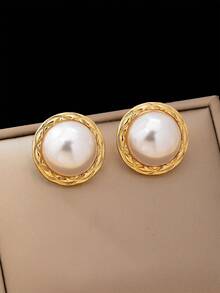 1 Pair Fashionable Geometric Round Faux Pearl Stud Earrings, Suitable For Women's Party, Gathering, Daily Wear, Versatile, Gift - Earrings - View 9