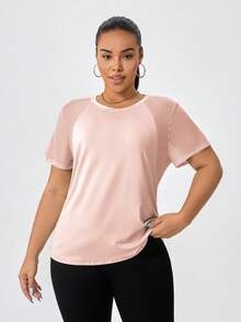 T-shirt à manches courtes pour femmes grandes tailles, en maille texturée avec panneau, pour le yoga, la rue, la course, les exercices d'extérieur, les sports d'été - Rose pâle - Voir 4