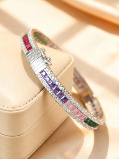 1pc S925 Sterling Silver Lab-Grown Rainbow Gemstone Bracelet, Suitable For Carnival, Fashion Parties, And As A Thoughtful Gift For Friends During Pride Month. The Vibrant And Unique Design Showcases Your Personalized And Diverse Sentiments.